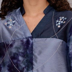 Stylish Navy Blue Satin Tie-Dye Embroidered Co-Ord Set