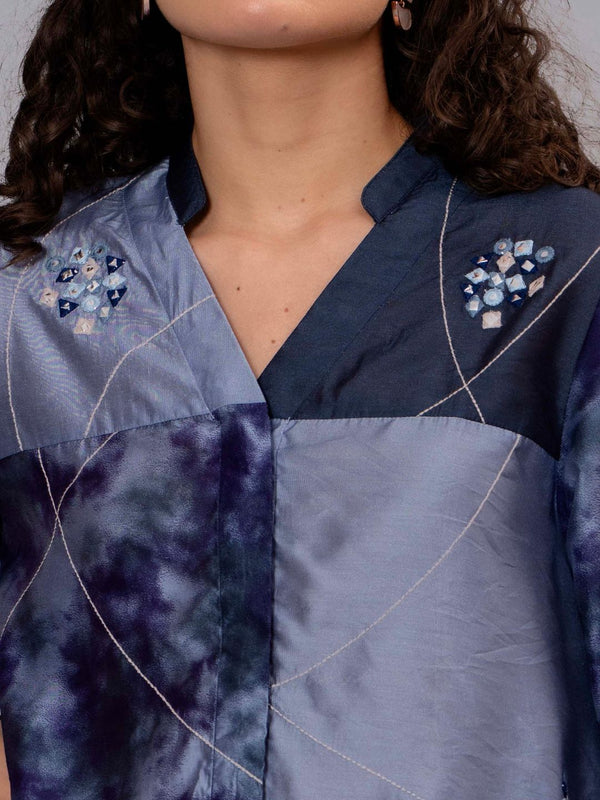 Stylish Navy Blue Satin Tie-Dye Embroidered Co-Ord Set