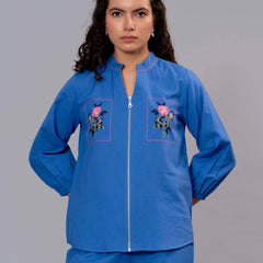Blue Cotton Embroidered Co-Ord Set with Zip Top