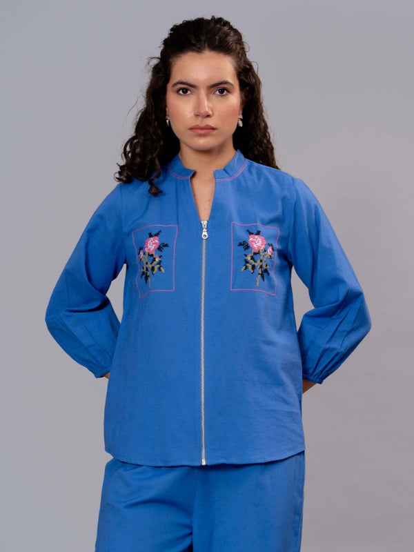 Blue Cotton Embroidered Co-Ord Set with Zip Top