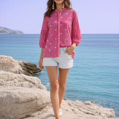 Trendy Pink Striped Heart Print Relaxed Shirt