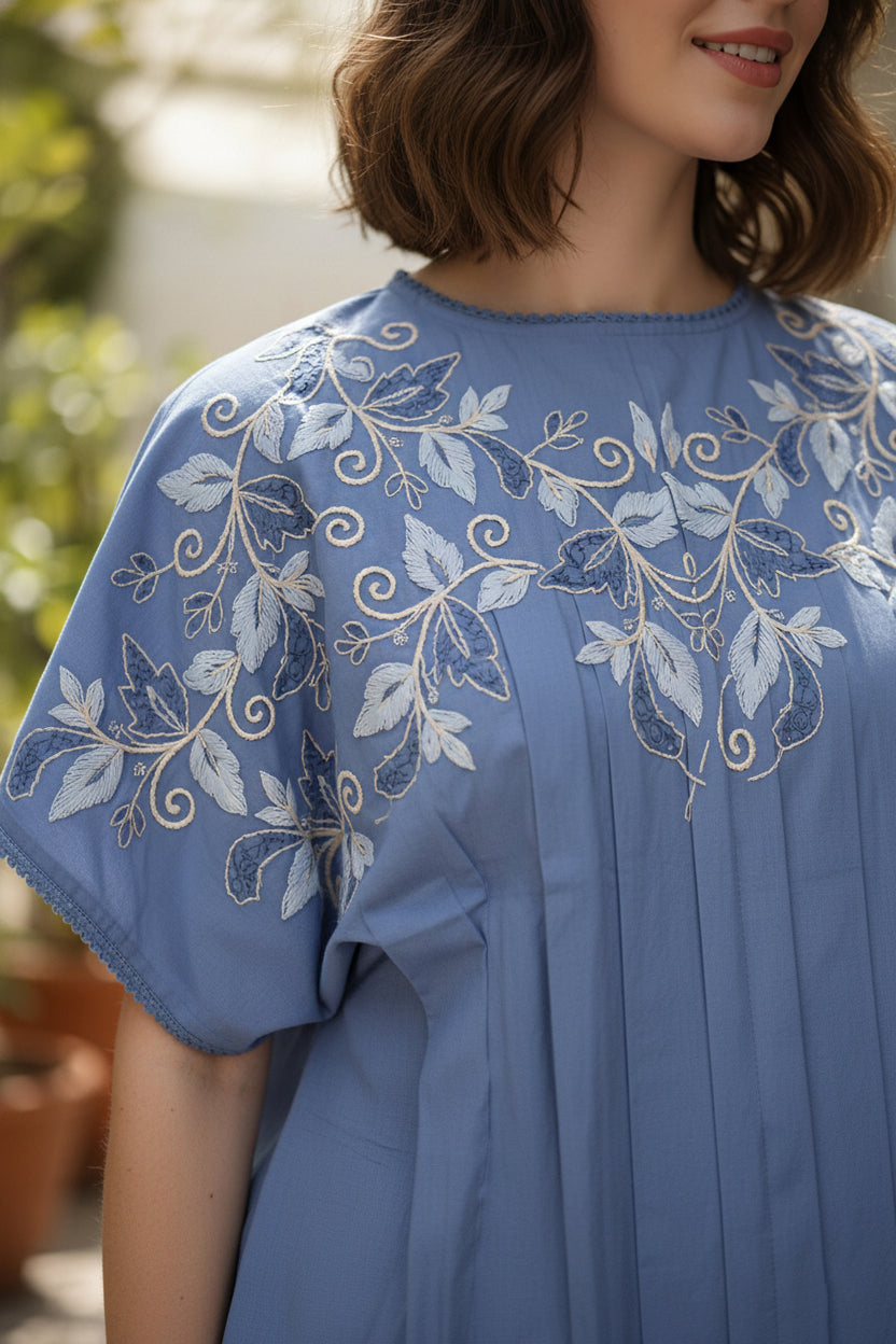 Serene Blue Cotton Embroidered Co-ord Set