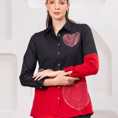 Trendy Black Red Color Block Heart Design Shirt