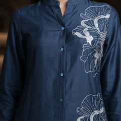 Navy Blue Embroidered Viscose Midi Dress