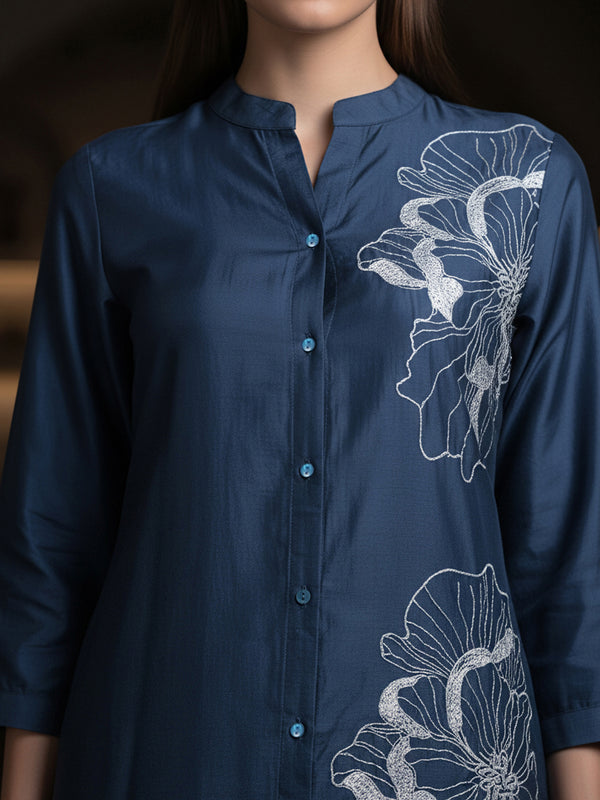 Navy Blue Embroidered Viscose Midi Dress