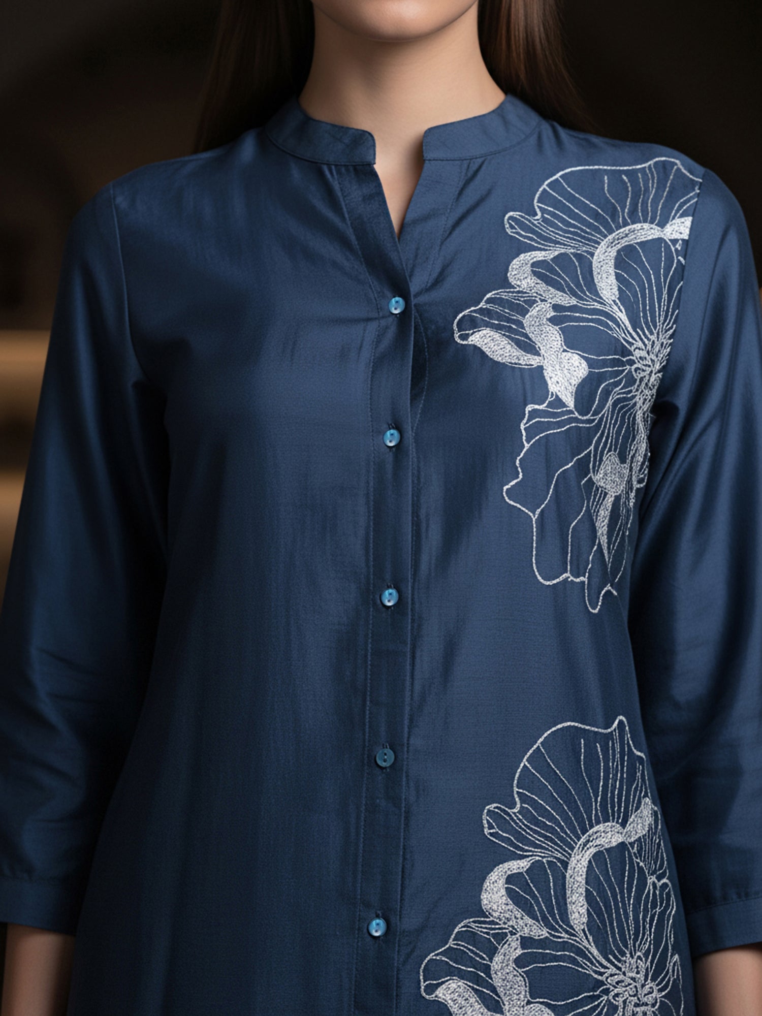 Navy Blue Embroidered Viscose Midi Dress