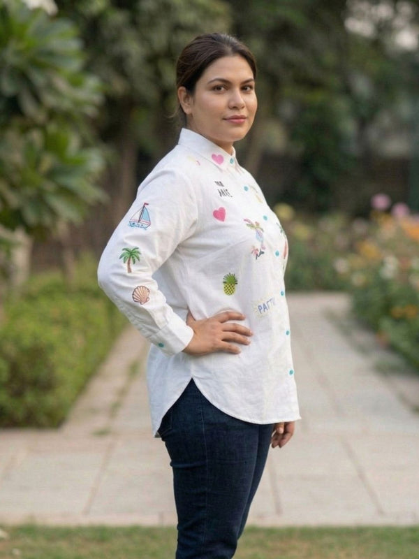 Women Regular Fit Embroidered White Shirt