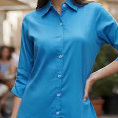 Women’s Blue Cotton Embroidered Co-ord Set with Collar Neck Shirt