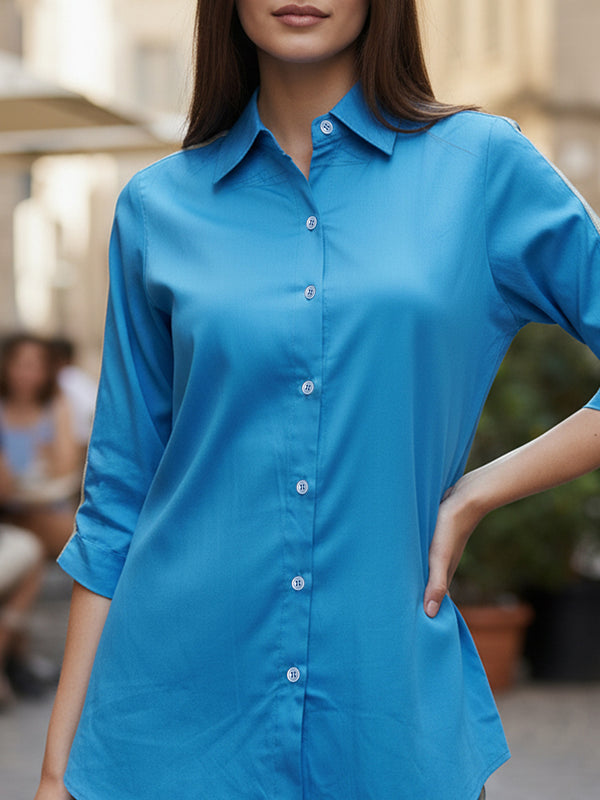 Women’s Blue Cotton Embroidered Co-ord Set with Collar Neck Shirt