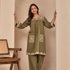 Elegant Olive Green Cotton Embroidered Kurta Set