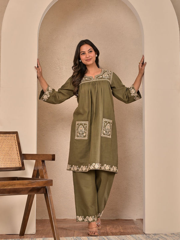 Elegant Olive Green Cotton Embroidered Kurta Set