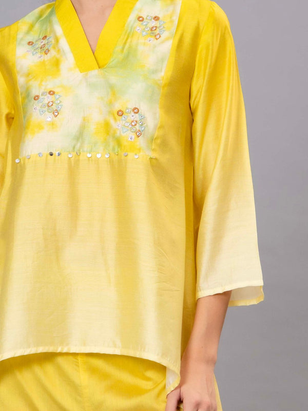 Yellow Satin Embroidered Top & Pant Co-ord Set