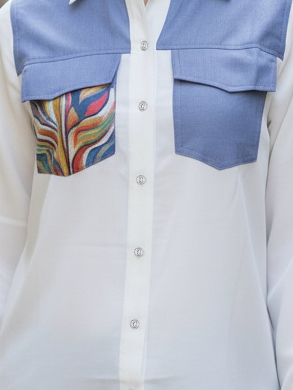 White & Blue Embroidered Tencel Crop Shirt with Collar Neck