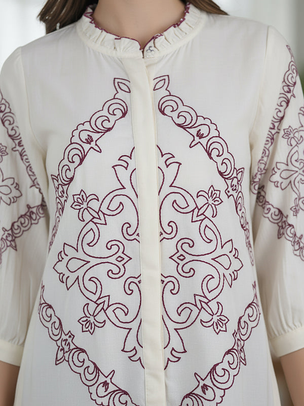 Elegant Off-White & Maroon Embroidered Rayon Co-ord Set