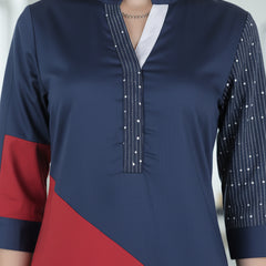 Multi-Color Embroidered Cotton Knee-Length Dress with Closed Neck