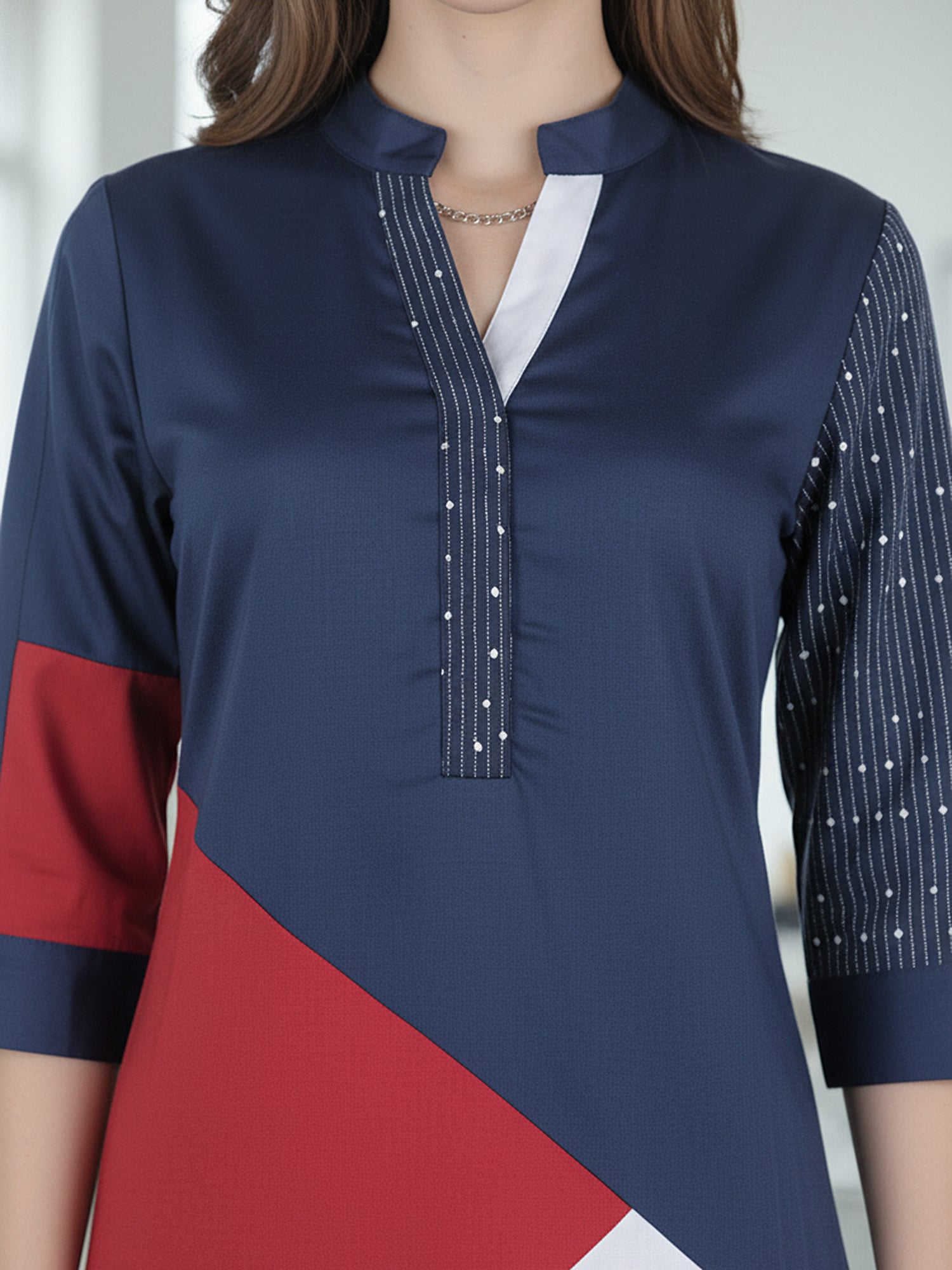 Multi-Color Embroidered Cotton Knee-Length Dress with Closed Neck