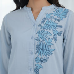 Light Blue Embroidered Cotton Shirt Dress