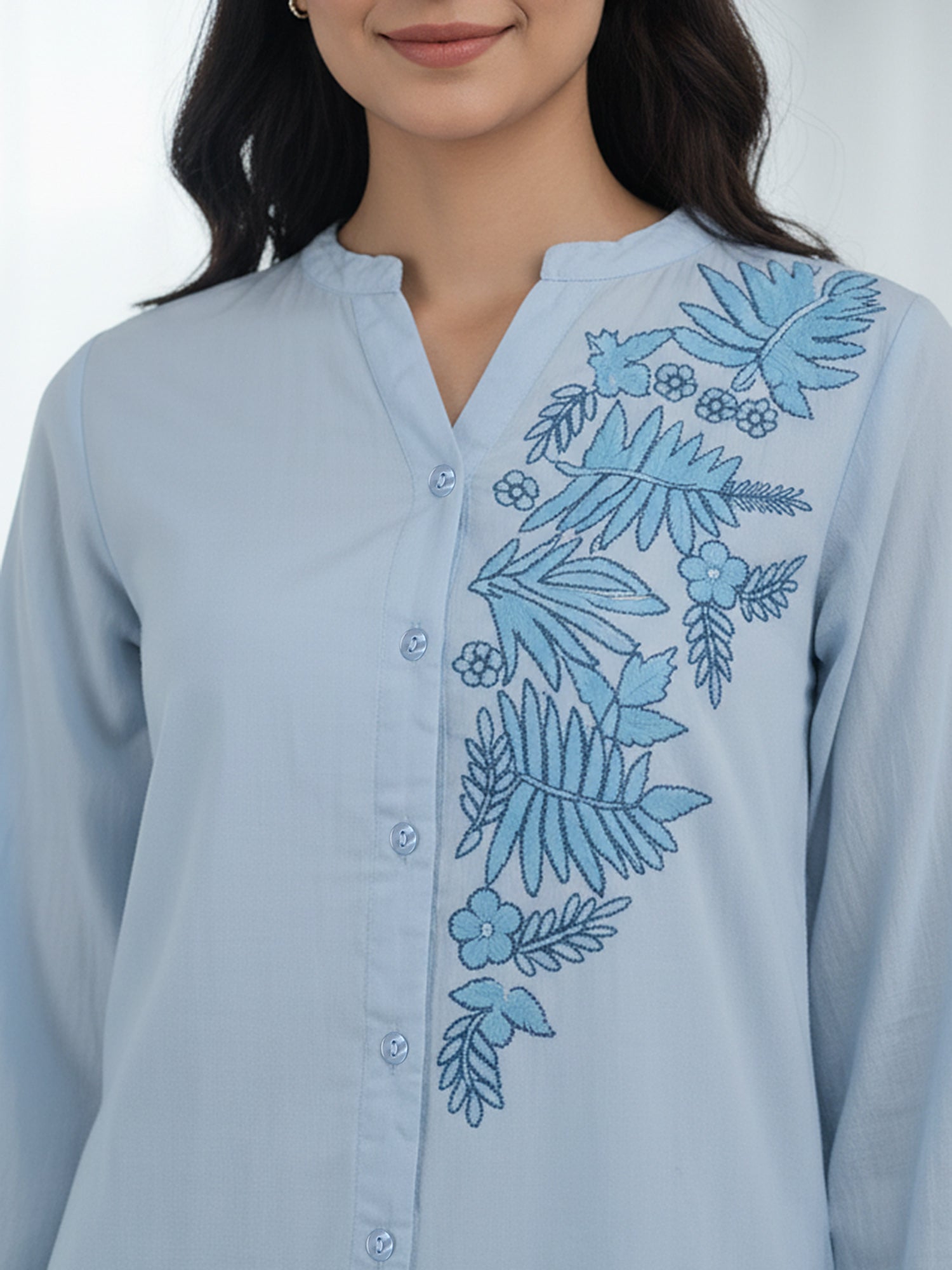 Light Blue Embroidered Cotton Shirt Dress