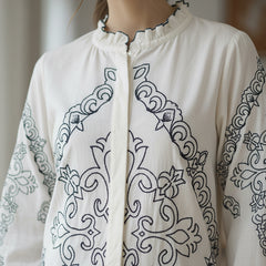 Chic Off-White & Blue Embroidered Rayon Co-ord Set