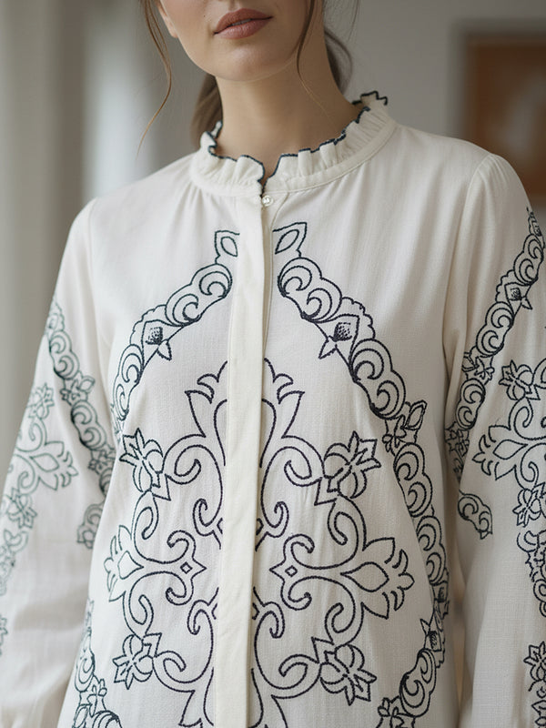 Chic Off-White & Blue Embroidered Rayon Co-ord Set