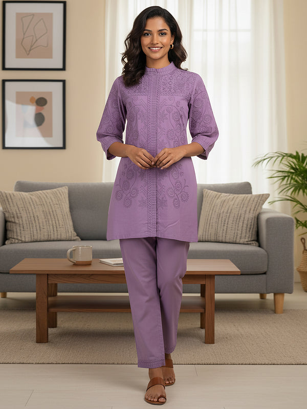 Purple Love Embroidered Co -ord Set