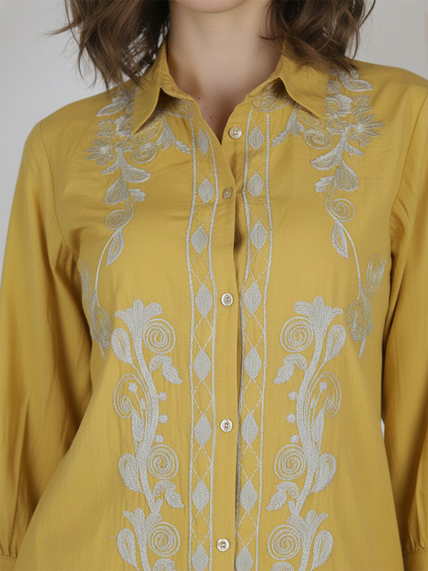 Mustard Meadow White Floral Embroidered Cotton Co-ord Set