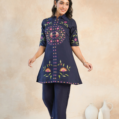 Stylish Navy Blue Embroidered Kurta with Matching Pants
