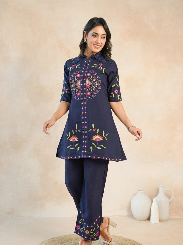 Stylish Navy Blue Embroidered Kurta with Matching Pants