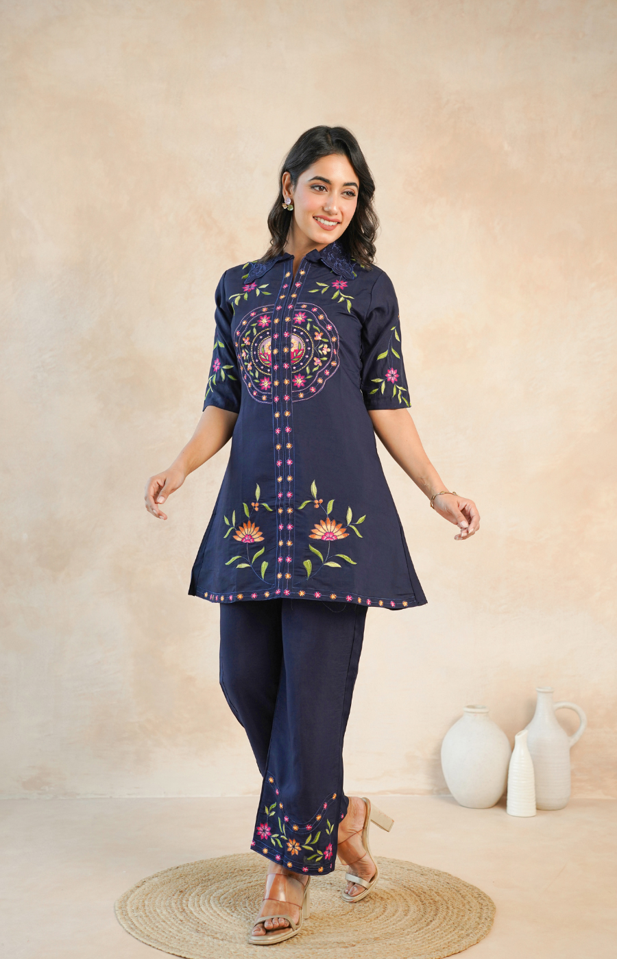 Stylish Navy Blue Embroidered Kurta with Matching Pants