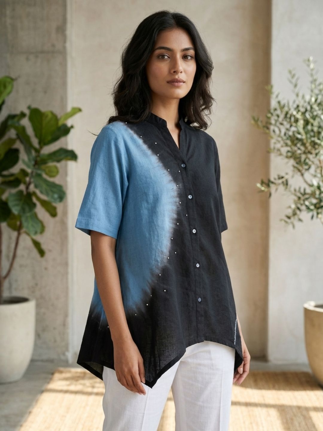 Stylish Ombre Dyed High-Low Tunic Top with Mandarin Collar & Short Sleeves