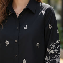 Elegant Black Button-Down Shirt with Floral Embroidered Sleeves
