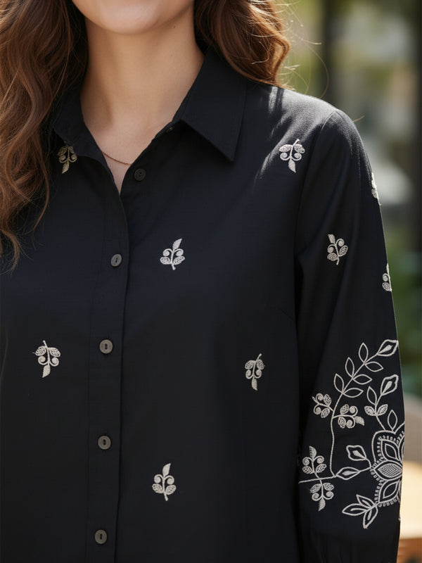 Elegant Black Button-Down Shirt with Floral Embroidered Sleeves