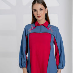 Women Color block Embroidered Midi Dress with Puff Sleeves & Zip Collar