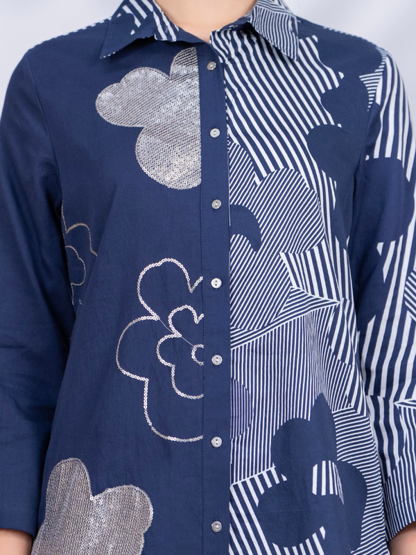 Women Designer Patchwork Navy Casual Shirt