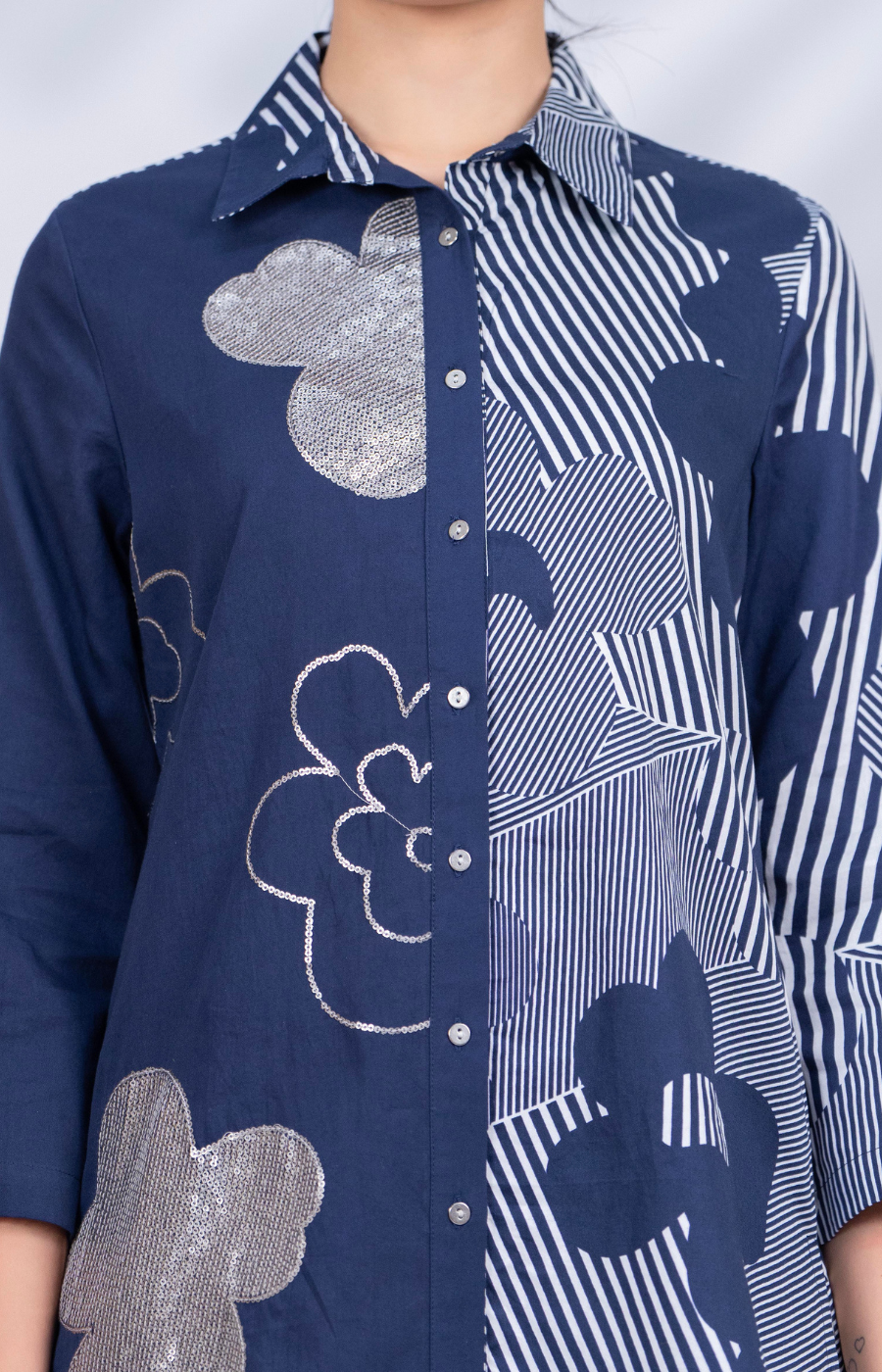 Women Designer Patchwork Navy Casual Shirt