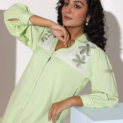 Pastel Green Sequined Work Shirt Dress