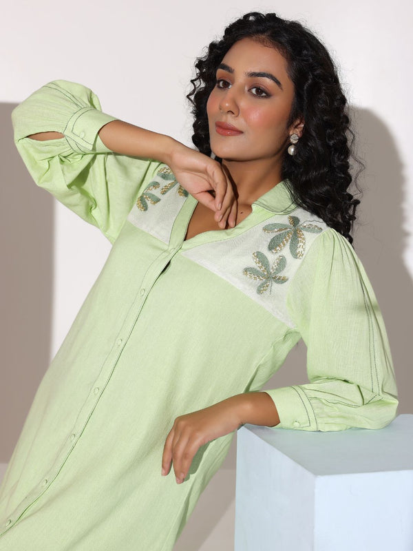 Pastel Green Sequined Work Shirt Dress