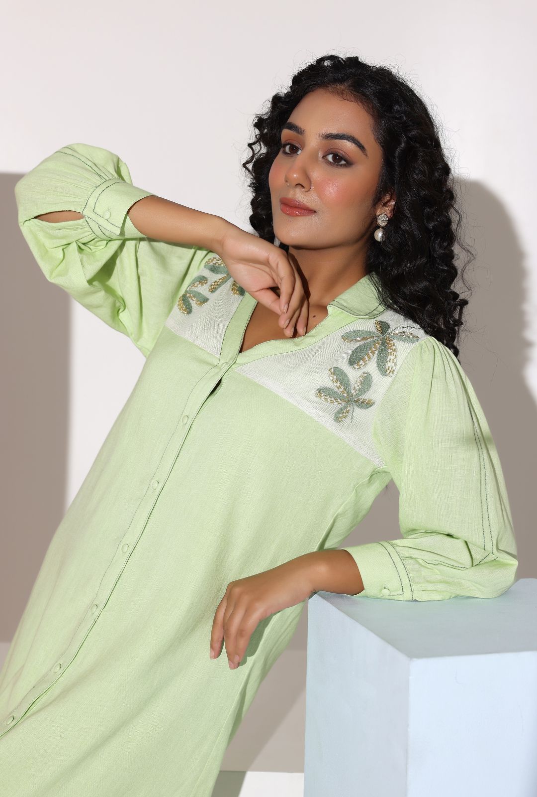 Pastel Green Sequined Work Shirt Dress