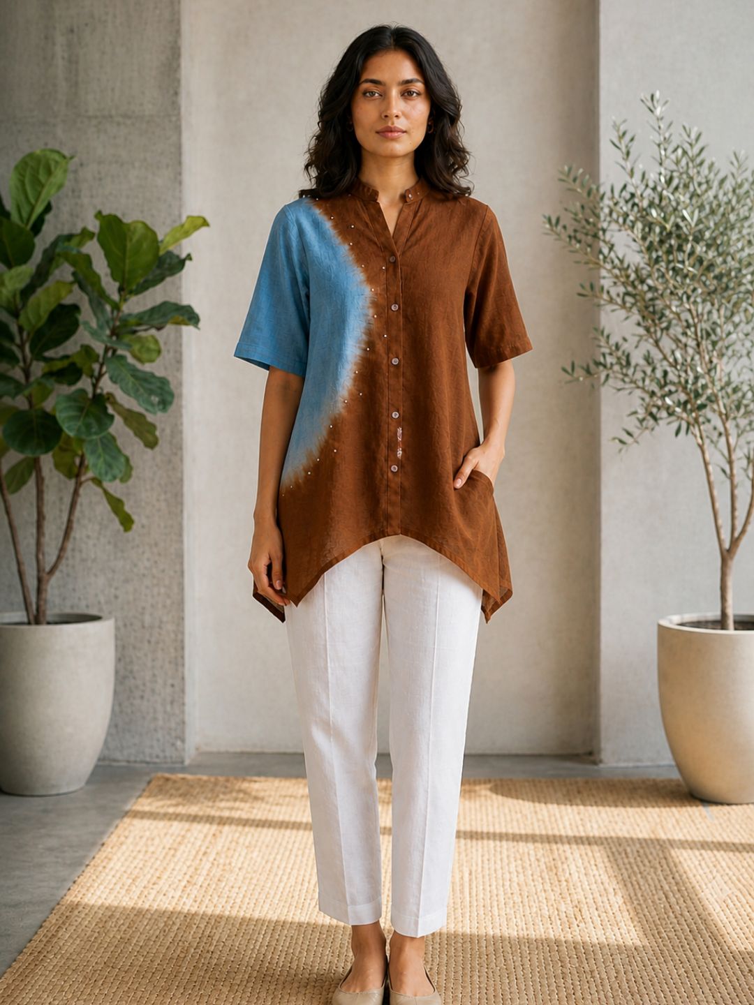 Trendy Ombre Dyed High-Low Tunic Top with Mandarin Collar & Short Sleeves