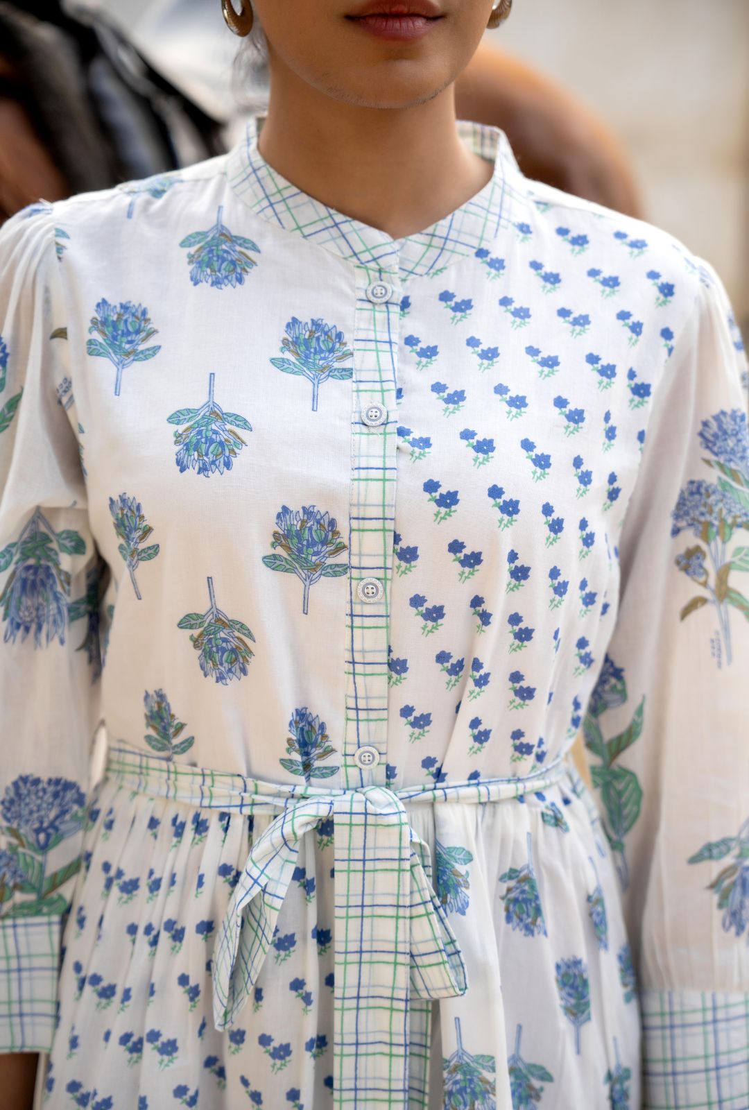 White & Blue Floral Embroidered Cotton Mini Dress