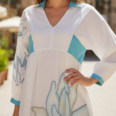 Teal Accent Printed Cotton Cambric Mini Dress