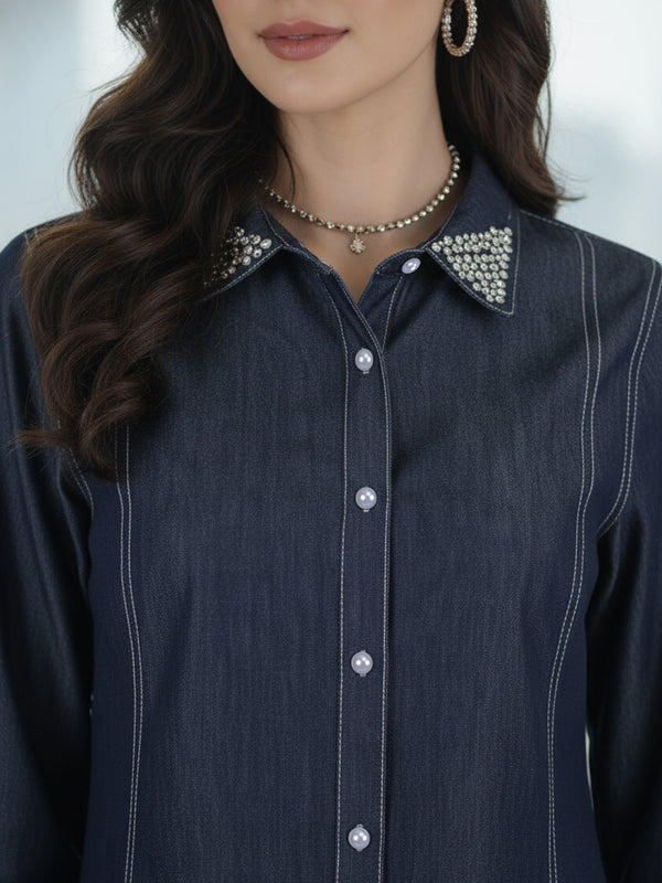 Viscose Navy Blue Embroidered Co Ord Set