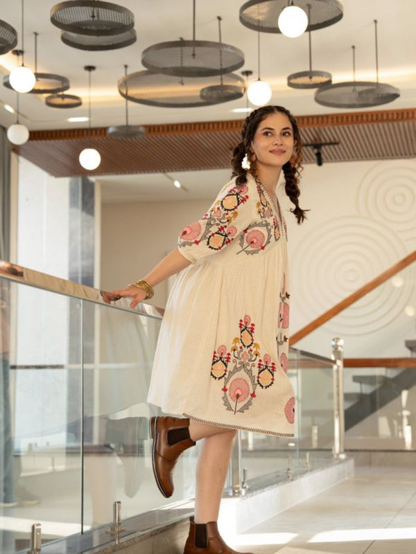 Elegant Cream Cotton Midi Dress with Embroidered Detail & V-Neckline