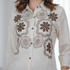 Beige Blossom Floral Embroidered Cotton Co-ord Set