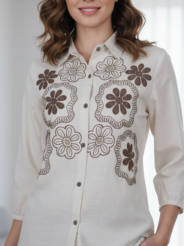 Beige Blossom Floral Embroidered Cotton Co-ord Set