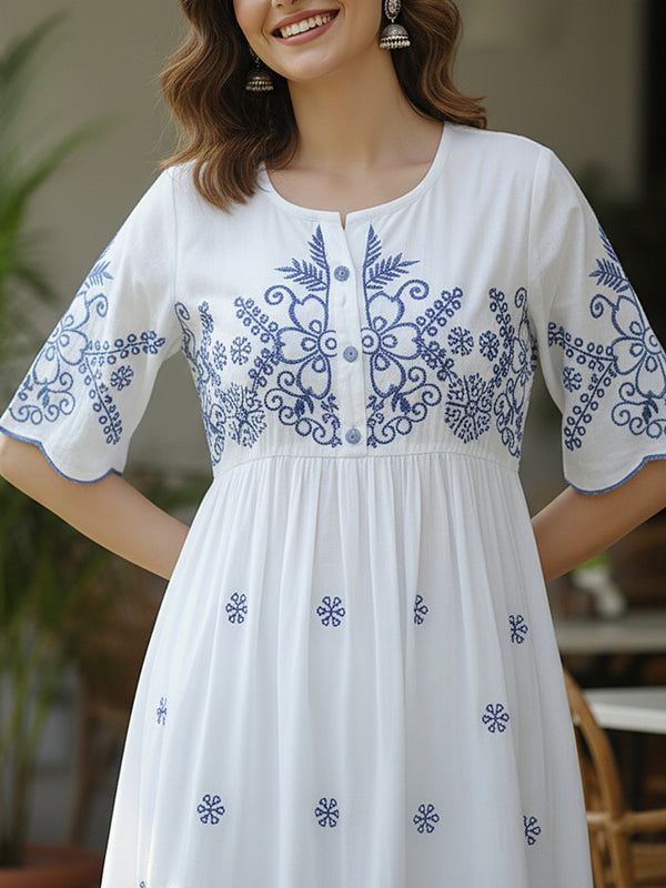 Flawless White Embroidered Cotton Midi Dress