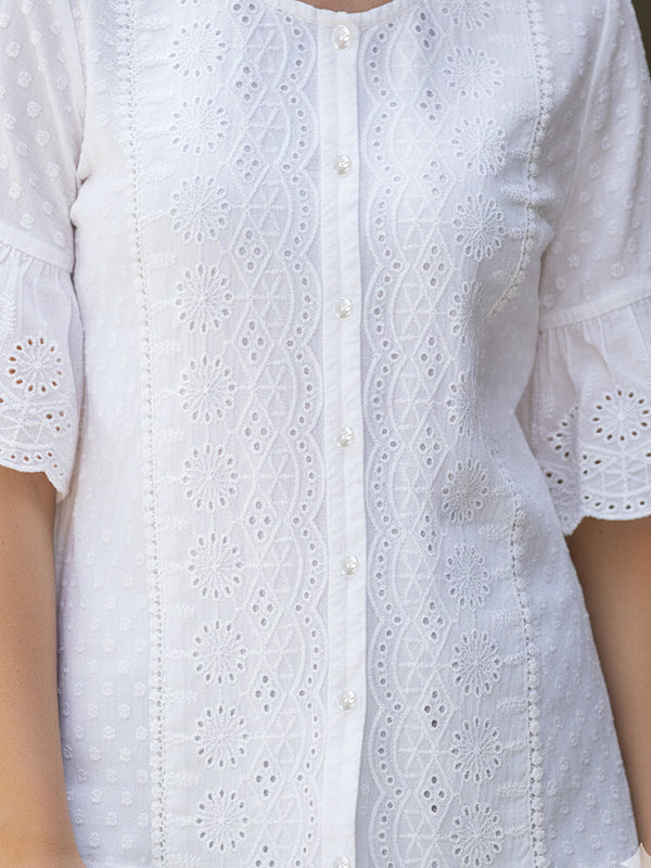 Women’s White Cotton Embroidered Shirt with Round Neck