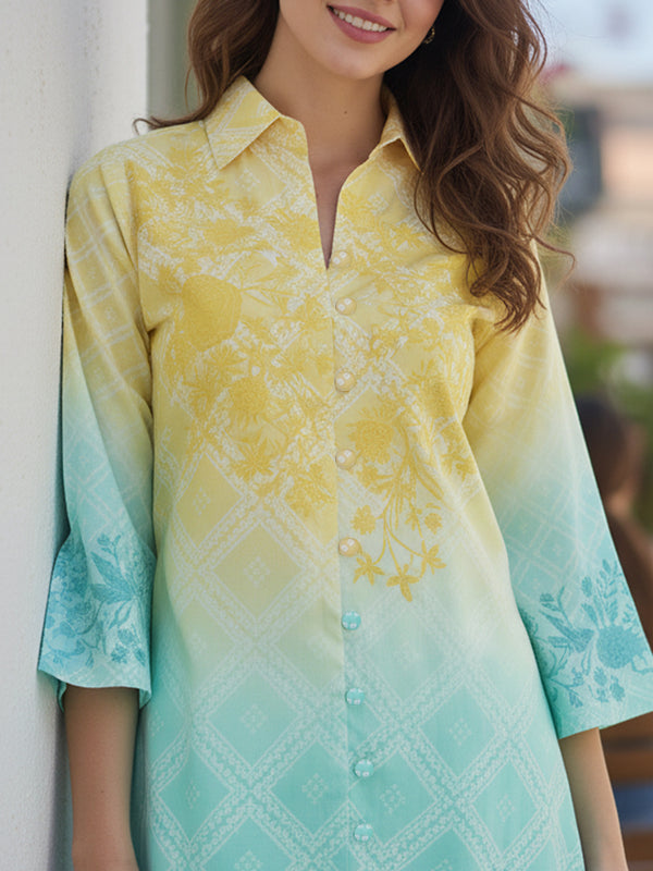 Summer Yellow Blue Cotton Embroidered Co-ord Set