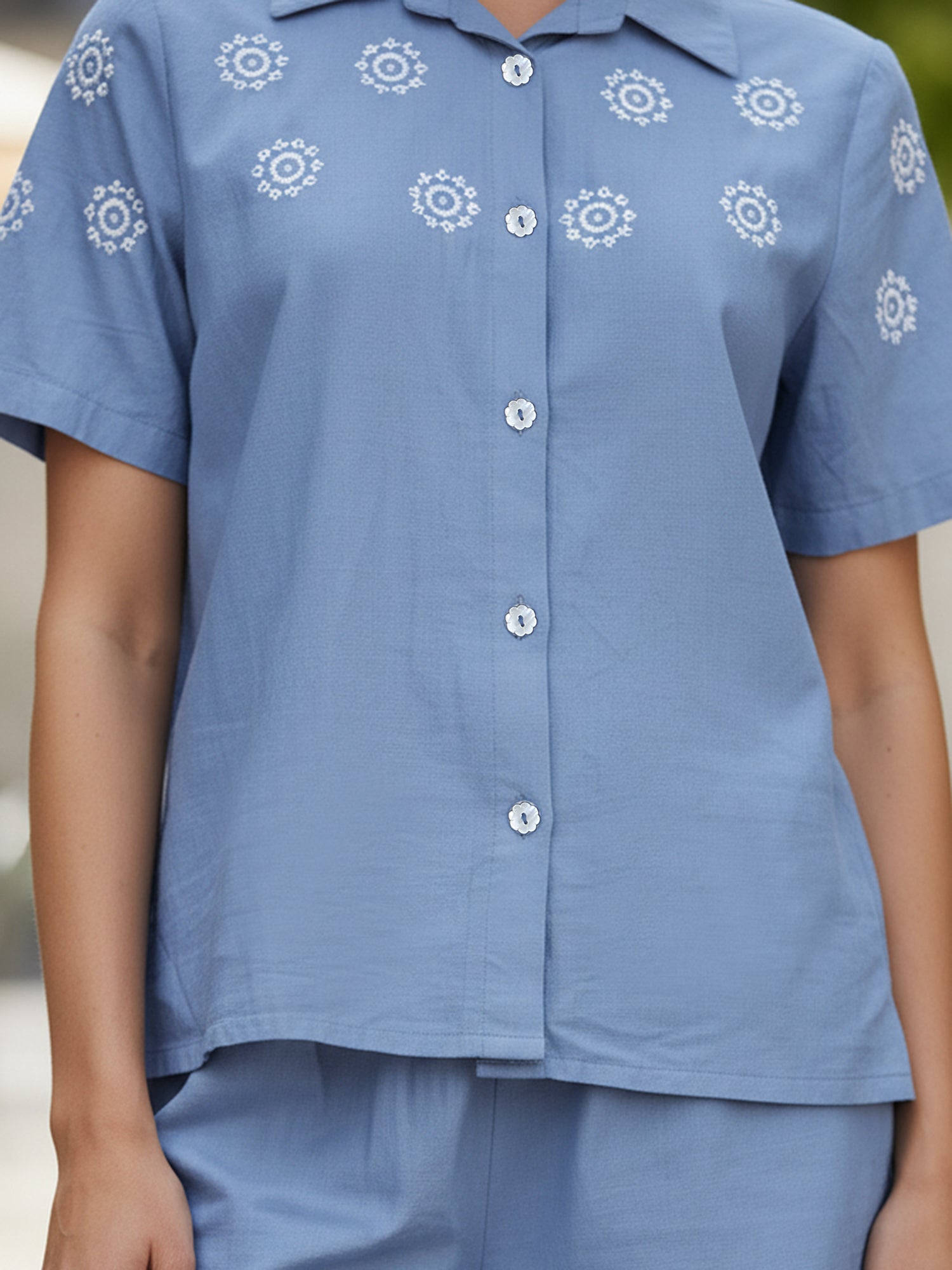 Elegant Blue Button-Down Embroidered Shorts Set