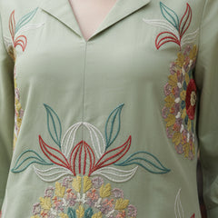 Olive Green Co-Ord: Detailed Central Embroidered Tunic and Wide Pants